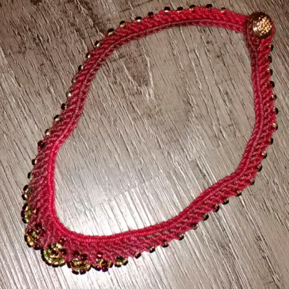 Handmade Red & Green Knitted Beaded Necklace
